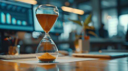 A close-up view of a sophisticated hourglass capturing the passage of time in a luxurious office setting, symbolizing deadline and time management in business.