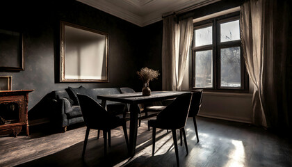 Fototapeta premium Modern home living room interior with table and chairs, window, Mockup frame