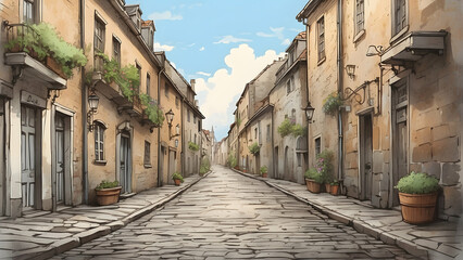 A beautiful rendering of a quiet cobbled European street lined with old buildings and foliage