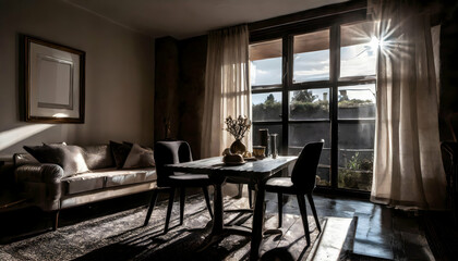 Fototapeta premium Modern home living room interior with table and chairs, window, Mockup frame