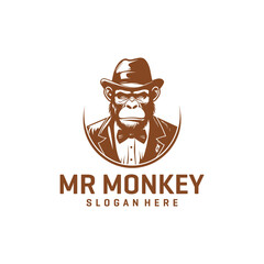 Monkey with hat , vintage logo vector illustration