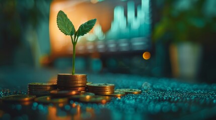 A sapling grows from a pile of coins with a blurred stock market display chart in the backdrop, symbolizing investment growth and financial success.