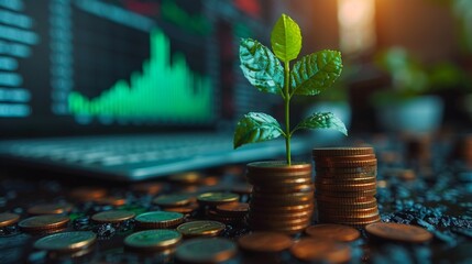 A sapling grows from a pile of coins with a blurred stock market display chart in the backdrop, symbolizing investment growth and financial success.