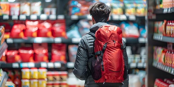 Customer with backpack shopping in grocery store browsing shelves checking products. Concept Grocery Shopping, Customer Experience, Retail Environment, Product Selection, Consumer Behavior