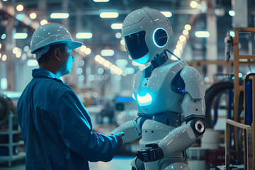 Naklejka premium A high-quality image of a humanoid robot interacting with a technician in a Chinese manufacturing facility, with a solid industrial background 