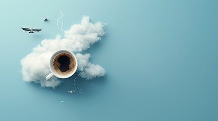 A coffee cup with steam, clouds, and birds is depicted in a flat lay, symbolizing the coffee concept.