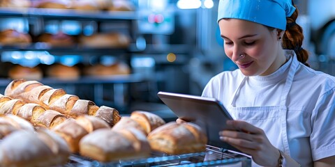 Woman baker uses tablet to monitor bread quality in bakery factory. Concept Bakery Factory, Quality Control, Technology in Baking, Woman Baker, Tablet Monitoring