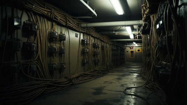 Empty technical tunnel with wires along the walls, wide angle.