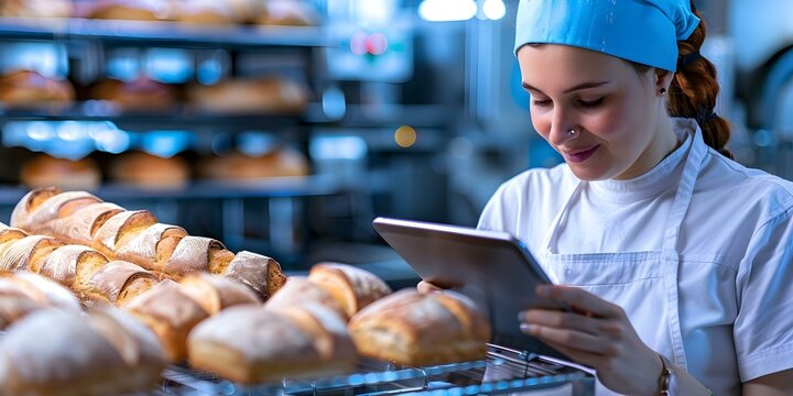 Woman baker uses tablet to monitor bread quality in bakery factory. Concept Bakery Factory, Quality Control, Technology in Baking, Woman Baker, Tablet Monitoring