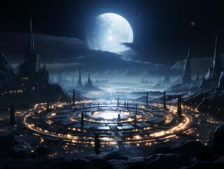 The moon is shining over the futuristic city.