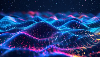 3D render, abstract background with colorful glowing dots on a dark blue wave landscape surface. Big data and digital technology concept in the style of digital technology.