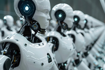 Fototapeta premium A detailed shot of Chinese engineers assembling humanoid robots on a production line, with robotic arms and a solid gray background