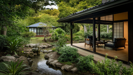 Obraz premium japanese modern house in the garden