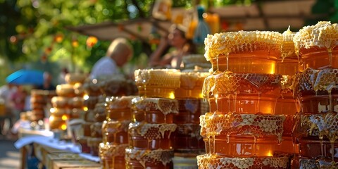 Fototapeta premium Local familyowned bee farm sells fresh honey at weekly farmers market in town. Concept Local Business, Farmers Market, Bee Farm, Fresh Honey, Family-Owned