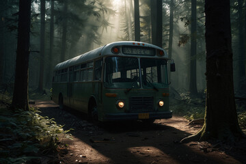 A broken down bus lies abandoned in the middle of a deep scary forest