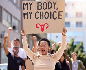 Woman, protest and gender equality poster with feminist support for body autonomy, solidarity or politics. People, group and abortion for reproductive rights or government fight, justice or change