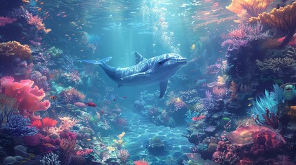 Fototapeta premium An underwater kingdom, with vibrant coral reefs and majestic sea creatures like mermaids and whales