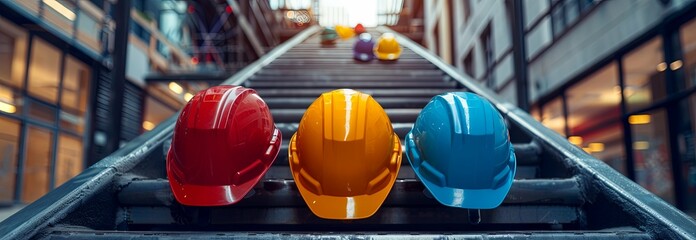 Colorful construction helmets on the steps outside an office building, copy space. Different colors safety in engineer work place. Copy empty spaces for text or title. 