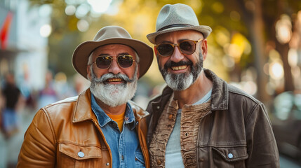 Portrait of senior LGBT gay couple walking on a city street.