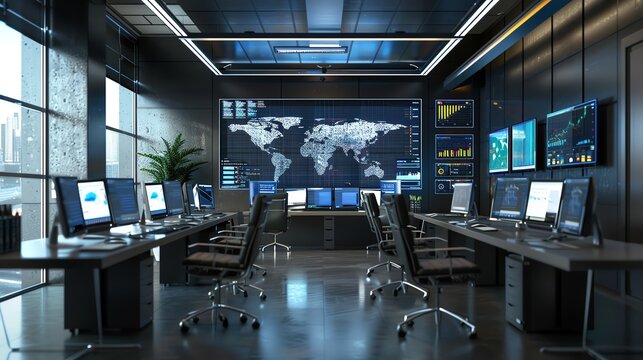 A dark and moody office space with a large world map on the wall. There are several computers and desks in the room, and a large window looking out onto the city.
