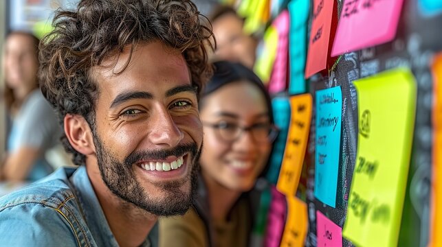 A diverse group of individuals with smiles on their faces stand in front of a colorful bulletin board