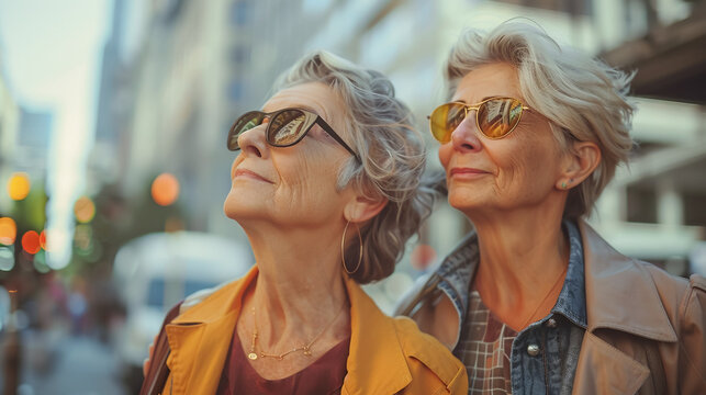 Portrait of senior LGBT lesbians couple walking on a city street. - Powered by Adobe