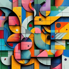 An abstract geometric composition, interlocking shapes and vibrant colors, 3D illusion effect