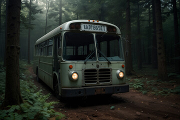 A broken down bus lies abandoned in the middle of a deep scary forest