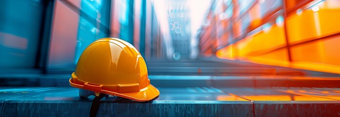 Colorful construction helmets on the steps outside an office building, copy space. Different colors safety in engineer work place. Copy empty spaces for text or title. 