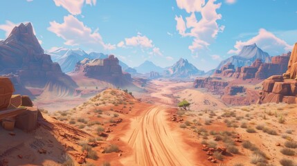 Scenic Desert Landscape with Rugged Mountains, breathtaking view of a desert landscape featuring rugged mountains, a dirt road, and a vibrant sky with fluffy clouds. Perfect for nature and travel