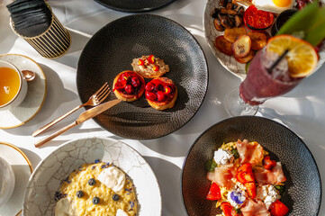 Breakfast: set of dishes. Top view.