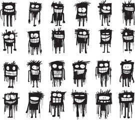 Set of black abstract monsters isolated on white, vector t-shirt idea