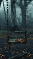A rusted swing swaying eerily in a deserted playground, its chains creaking in the wind as if beckoning unseen children to play on a horror night.