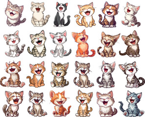Set of laughing cartoon cats, cute vector kittens t-shirt or mug idea