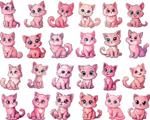 Set of pink cartoon cats, cute vector kittens t-shirt or mug idea