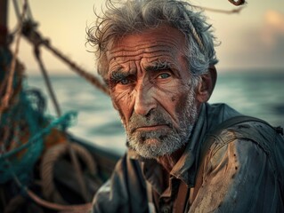 Weathered Fisherman Portrait at Sea during Golden Hour