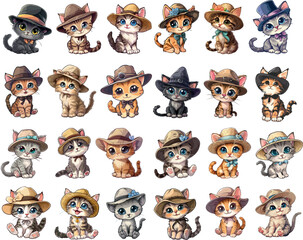 Set of cartoon cats wearing hats, cute vector kittens t-shirt or mug idea