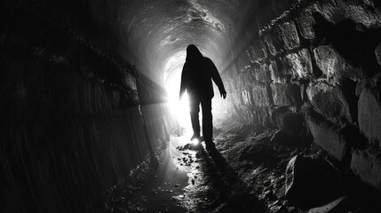A shadowy figure lurking in the depths of an abandoned mine shaft, its ragged breath echoing off the walls as it waits to ensnare unsuspecting explorers on a horror night.