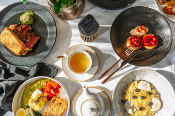 Breakfast: set of dishes. Top view.