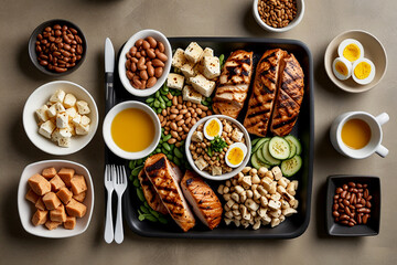 Protein platter with grilled chicken, salmon fillets, boiled eggs, tofu cubes, and a variety of beans and nuts