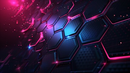 A dark hexagon abstract technology background features blue and pink-colored bright flashes under hexagons, creating an engaging visual aesthetic.
