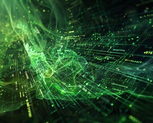 Fototapeta premium An abstract representation of a digital world. Green circuit board with glowing green lines of code and binary numbers. Futuristic technology background.