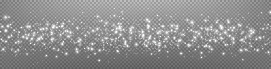White glittering dots, particles, stars magic sparks. Glow flare light effect. Silver luminous points. Vector particles on transparent background.