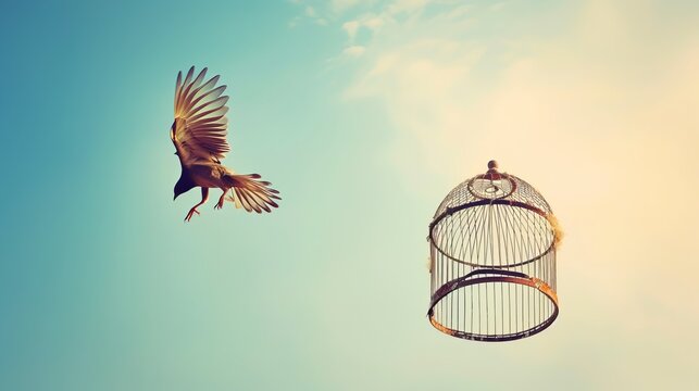 A flying bird next to a cage symbolizes the emotions of freedom and happiness in a minimalist style.