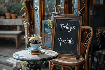 A whimsical image of a classic blackboard with "Today's Specials" written in chalk, placed outside a cozy cafe on a solid rustic background