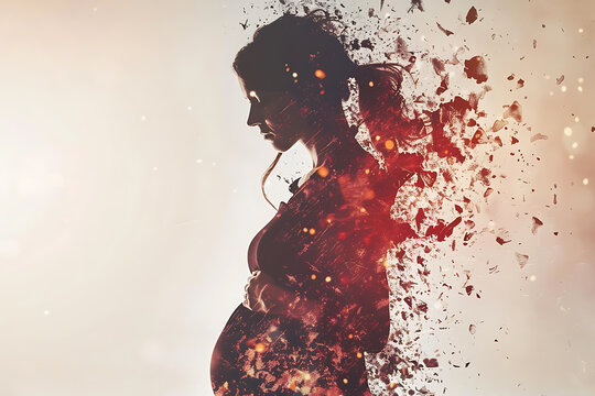 An evocative portrayal of a pregnant woman's silhouette fragmented into abstract forms, symbolizing maternal beauty and anticipation