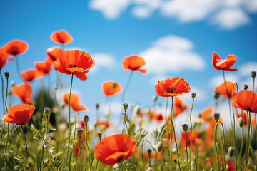 Obraz premium Field of red poppies on the background of the blue sky, background with copy space