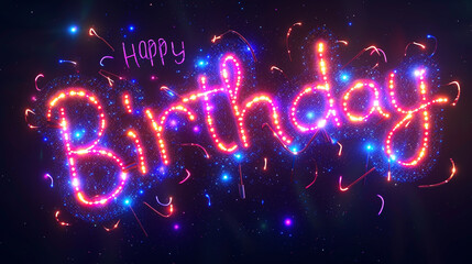 A vibrant "Happy Birthday" inscription made from neon glitter against a dark background, glowing brightly and exuding energy and excitement for the special occasion.