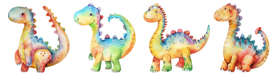 Watercolor set cartoon dinosaur isolated on transparent background.