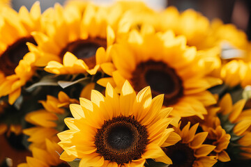 close up view of sunflowers in vase at flower market, Shallow depth of feld